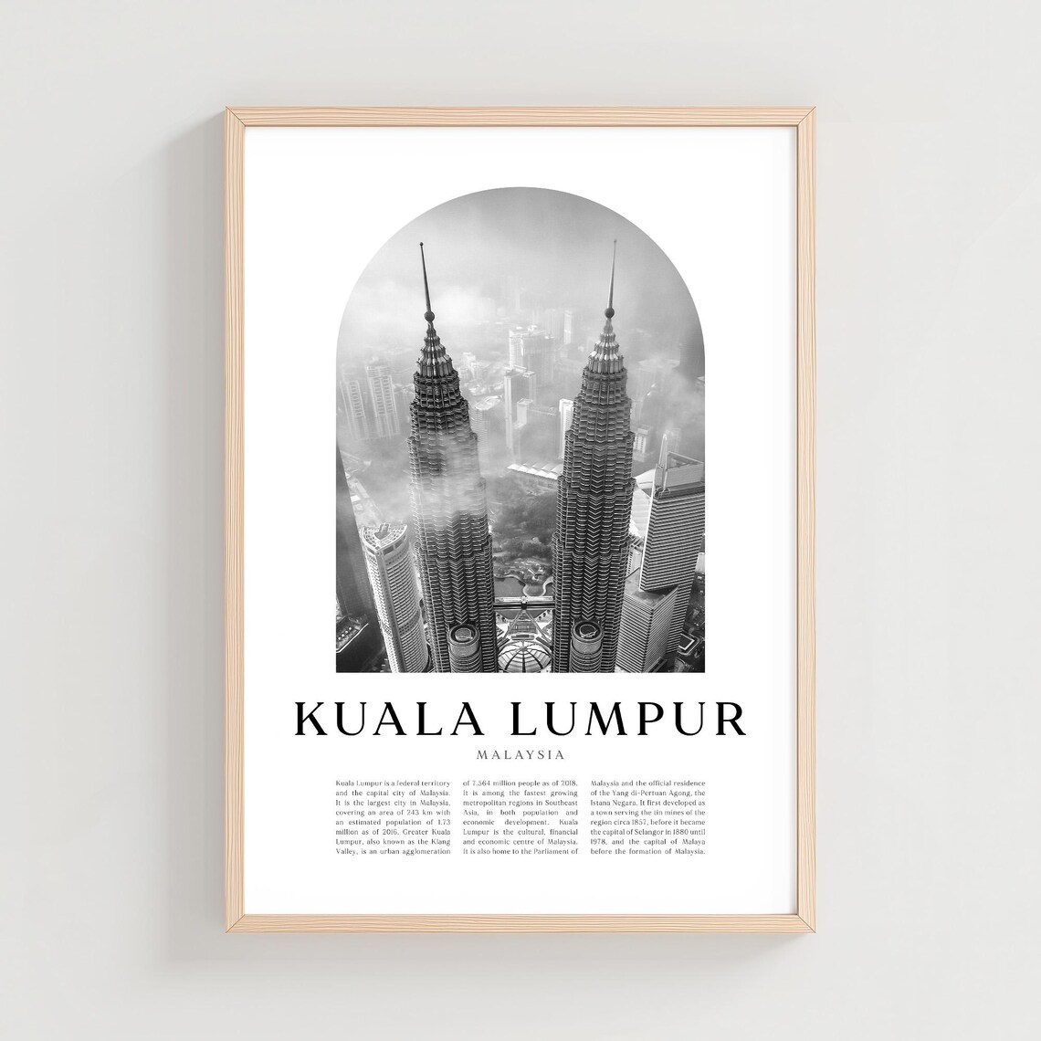 Kuala Lumpur Malaysia Poster Black White Petronas Towers Skyline Art