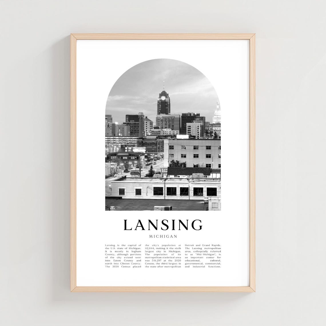 Lansing Michigan Black and White Downtown Skyline Photo Poster