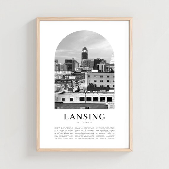 Lansing Michigan Black and White Downtown Skyline Photo Poster