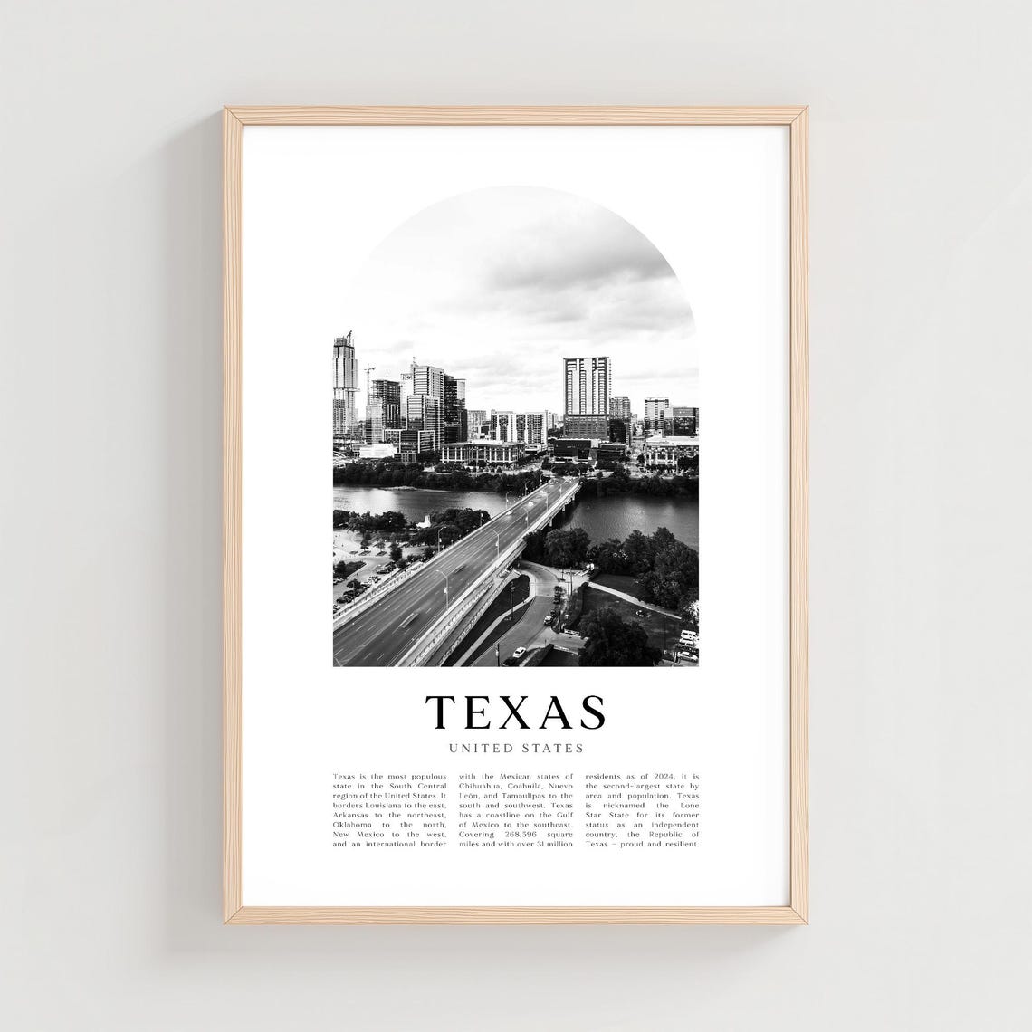 Texas Austin City Skyline River Bridge Black White Photo Poster