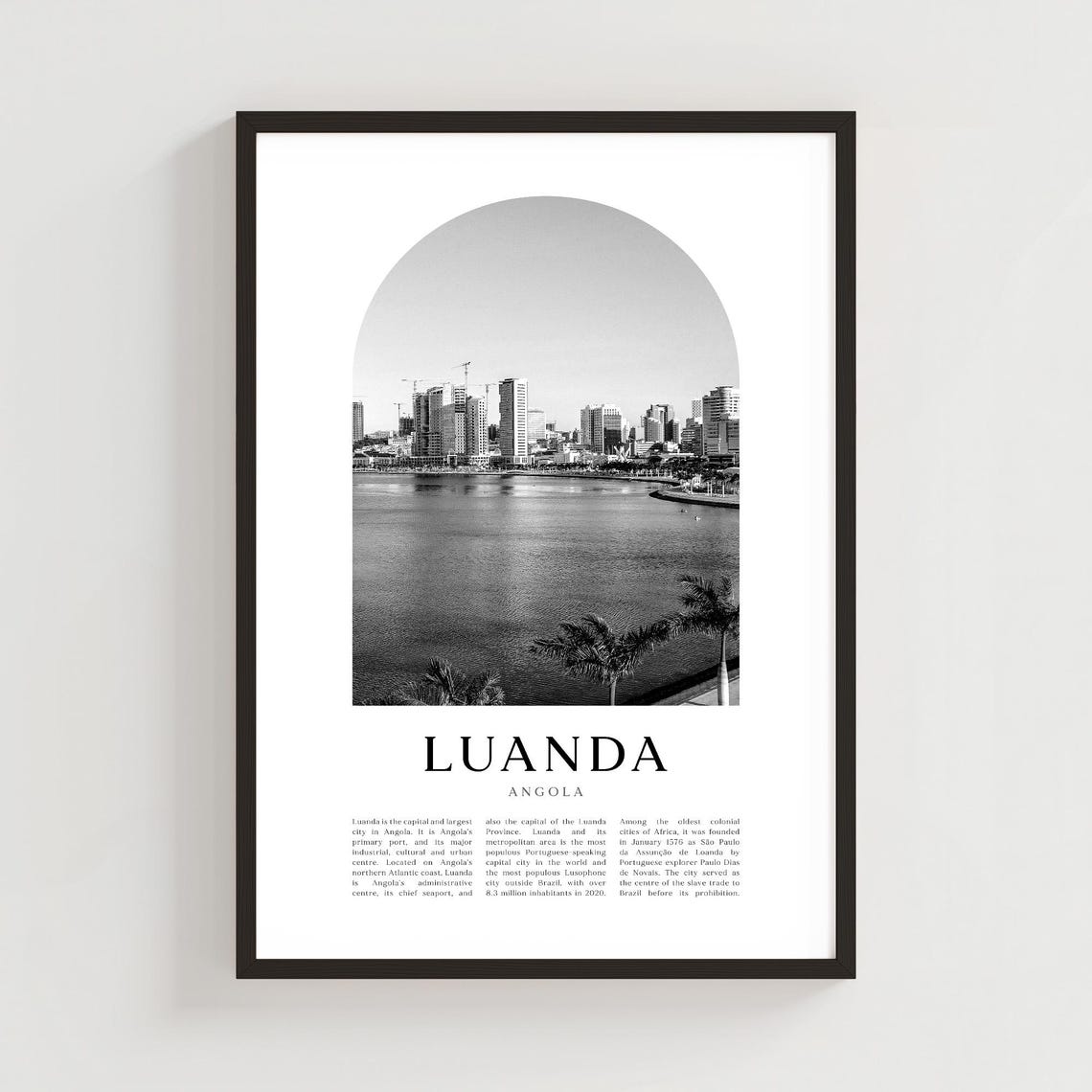 Luanda Angola Skyline Waterfront Palm Trees Black White Poster