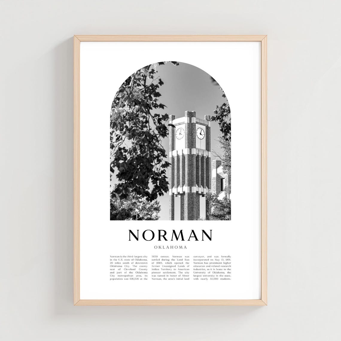 Norman Oklahoma University Clock Tower Black and White Travel Poster
