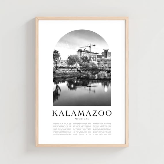 Kalamazoo Michigan Downtown River Bridge Black White Arch Photo Poster