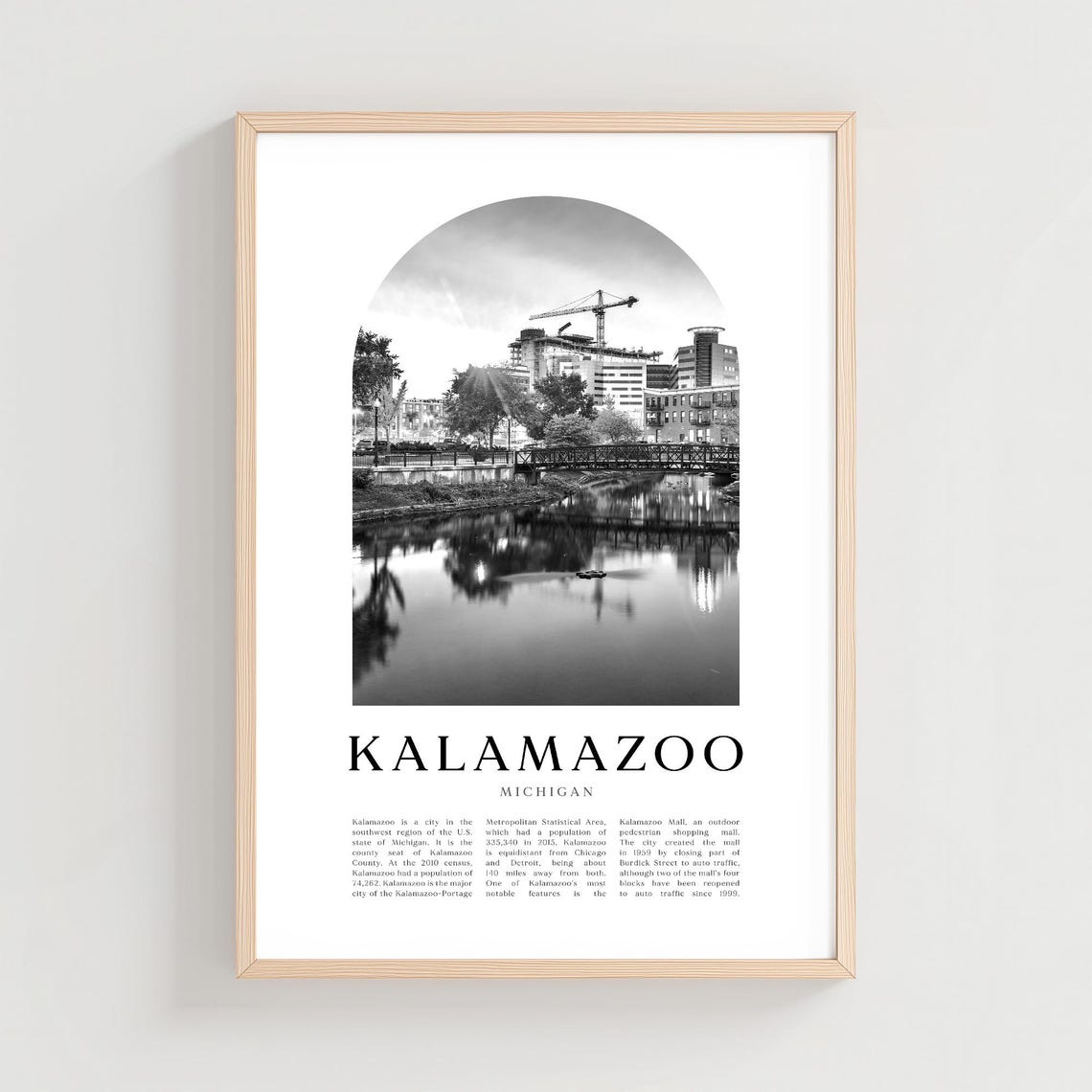Kalamazoo Michigan Downtown River Bridge Black White Arch Photo Poster