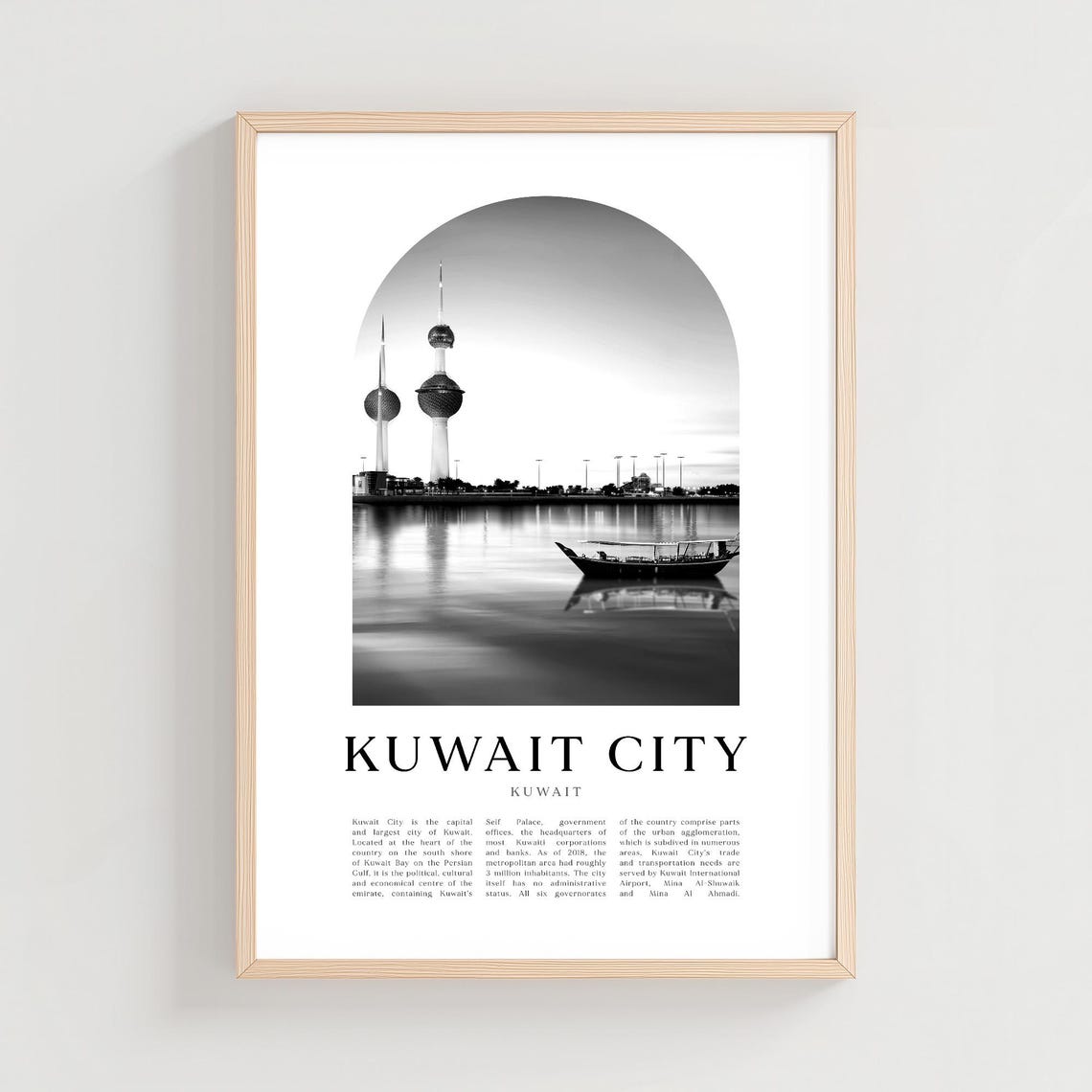Kuwait City Kuwait Towers Waterfront Boat Black and White Poster