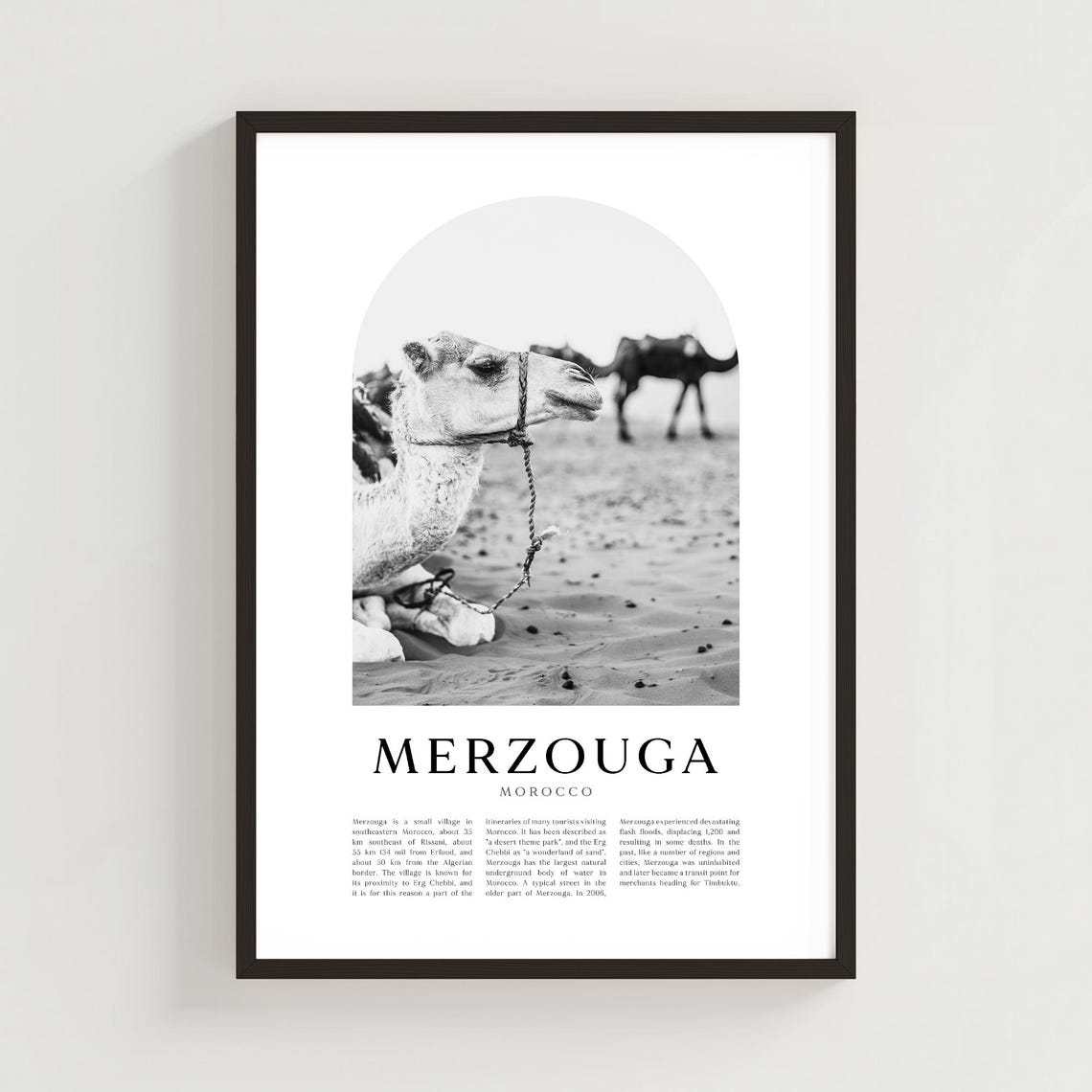 Merzouga Morocco Sahara Camel Black White Desert Photography Poster