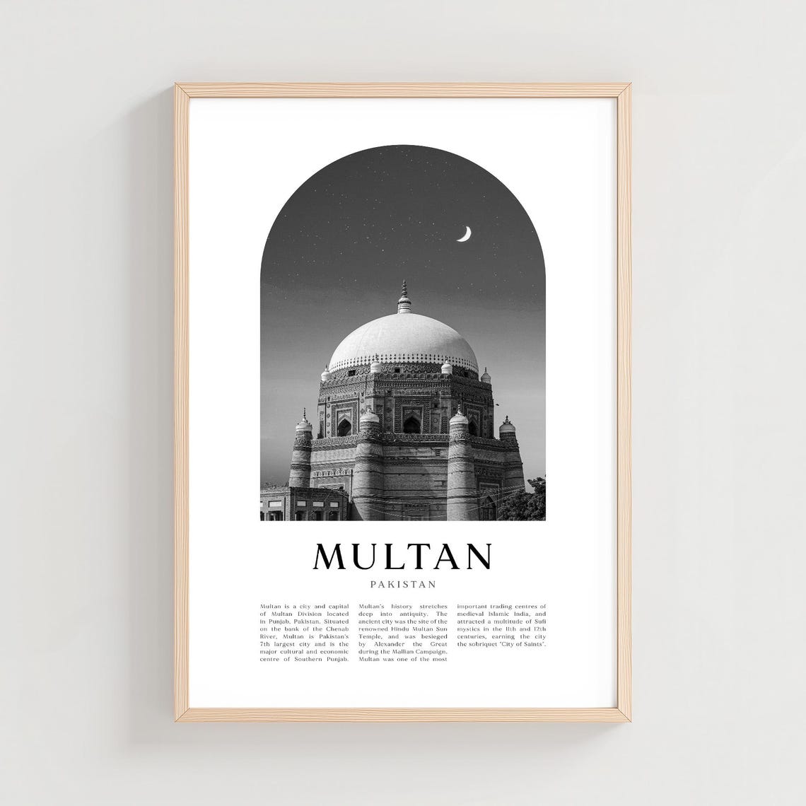 Multan Pakistan Mosque Dome Night Crescent Black White Print