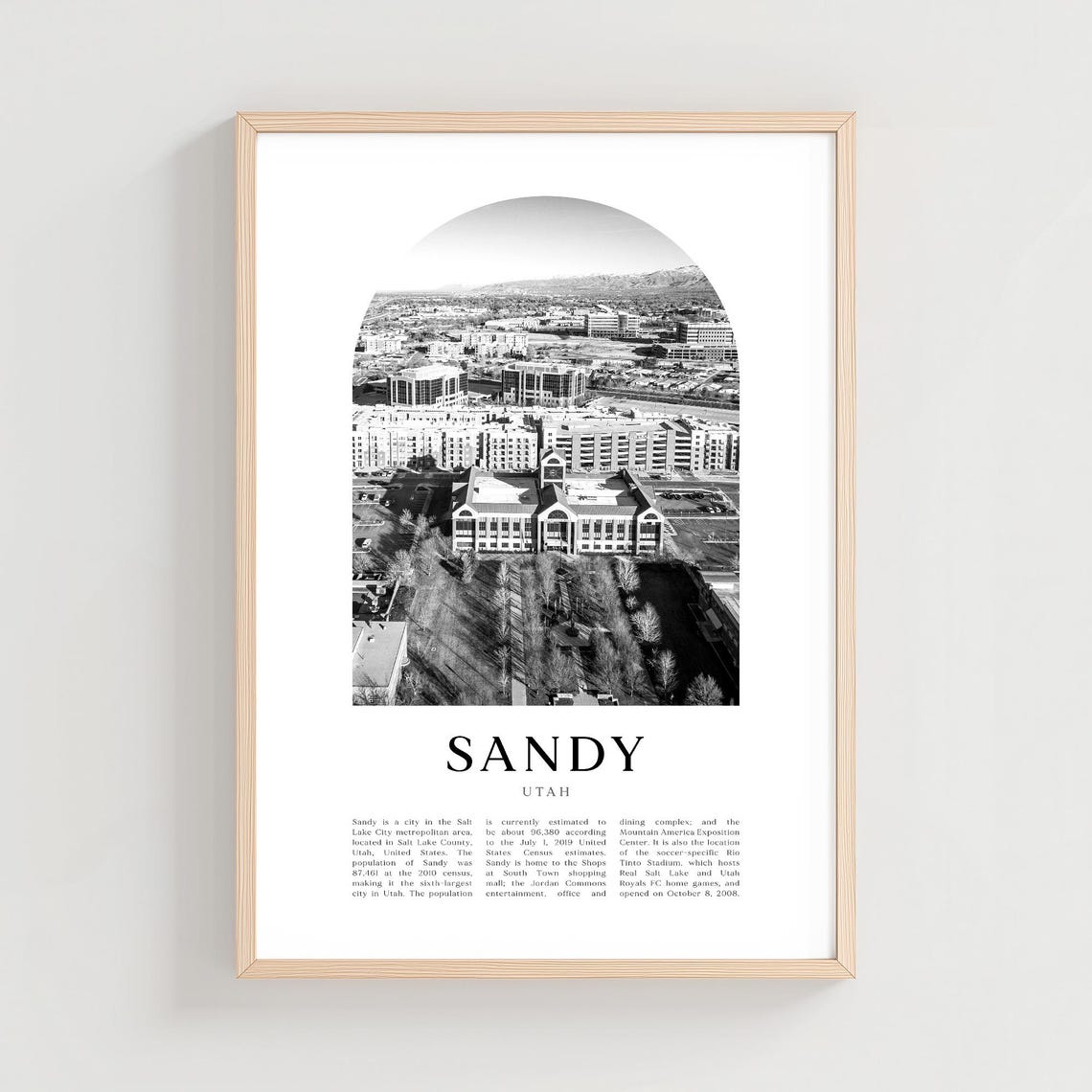 Sandy Utah Black and White Downtown Aerial Cityscape Arch Photo Poster