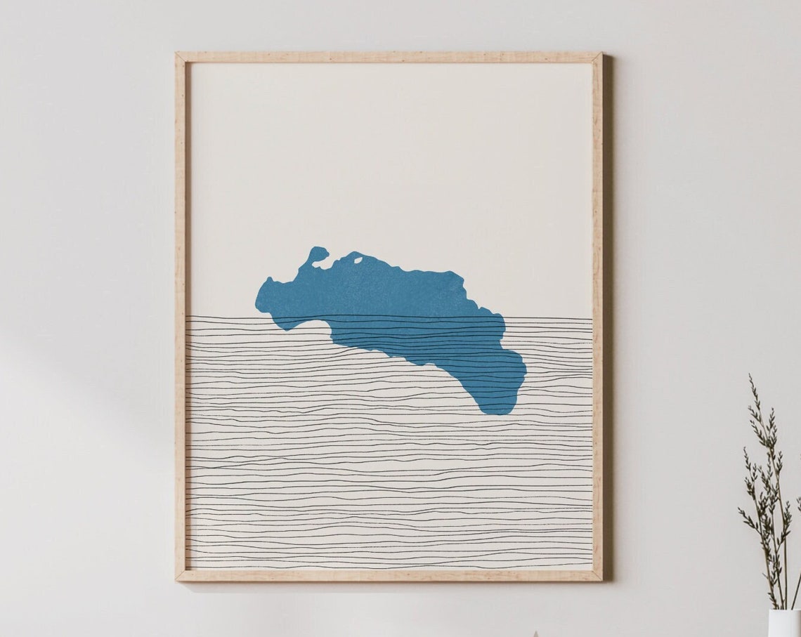 Snow Lake Minimalist Map Art With Blue Boho Line Waves Poster