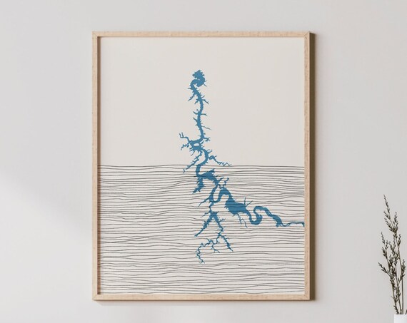 Minimalist Lake Silhouette Boho Blue Line Map Lakehouse Wall Art
