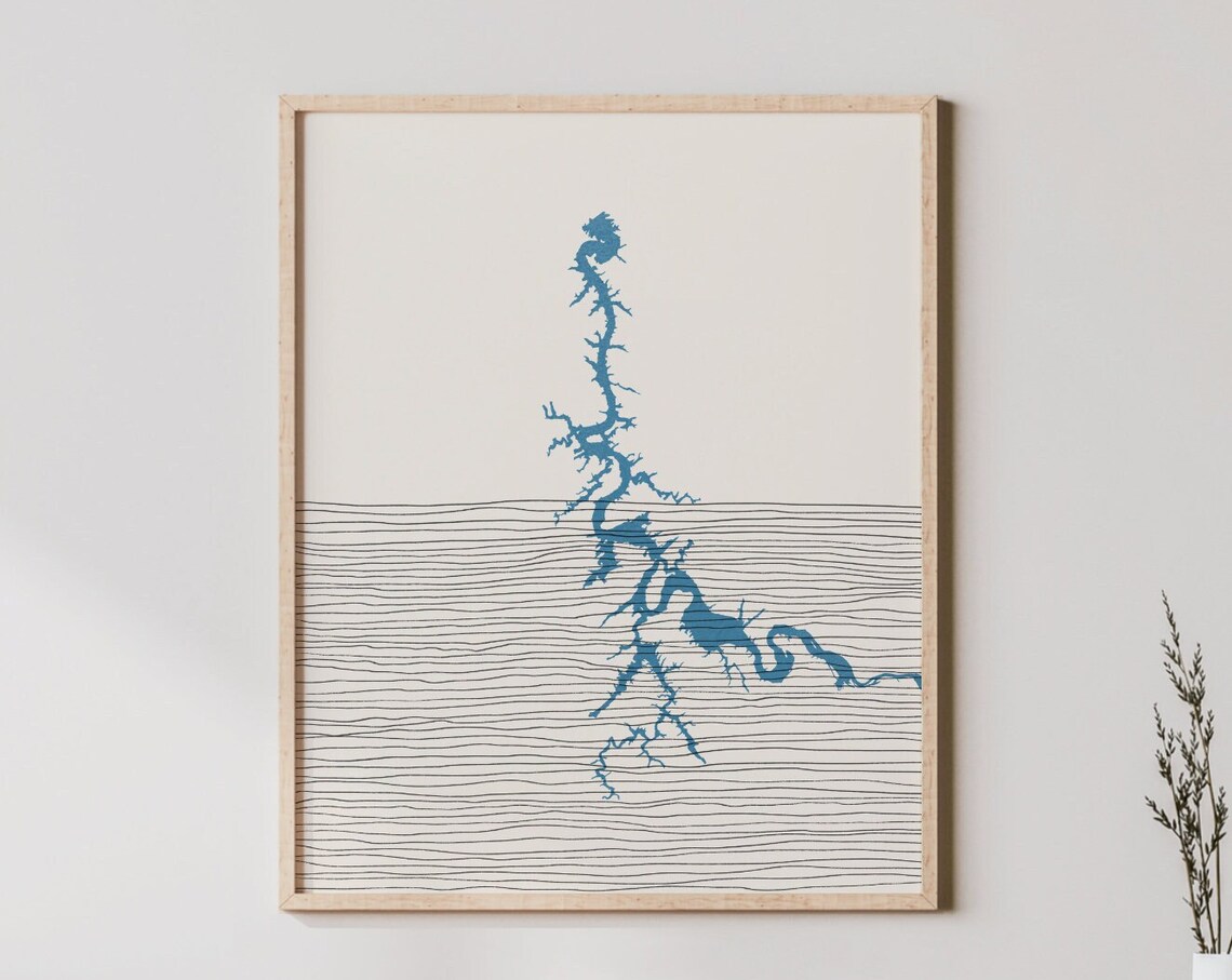 Minimalist Lake Silhouette Boho Blue Line Map Lakehouse Wall Art