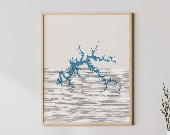Minimalist Blue Lake Shape Modern Line Map Boho Lakehouse Wall Art