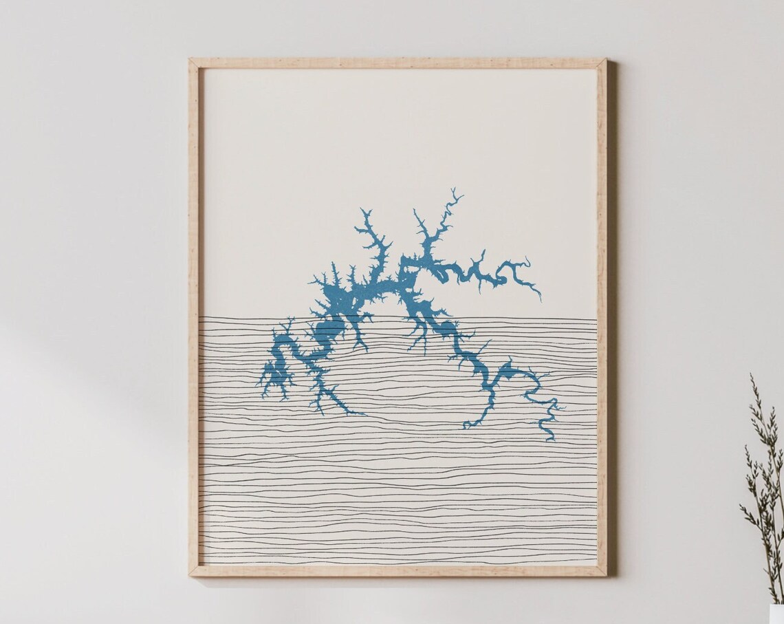 Minimalist Blue Lake Shape Modern Line Map Boho Lakehouse Wall Art