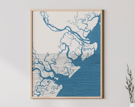 Savannah Waterways Estuary Map Boho Blue Line Art Print Coastal Decor