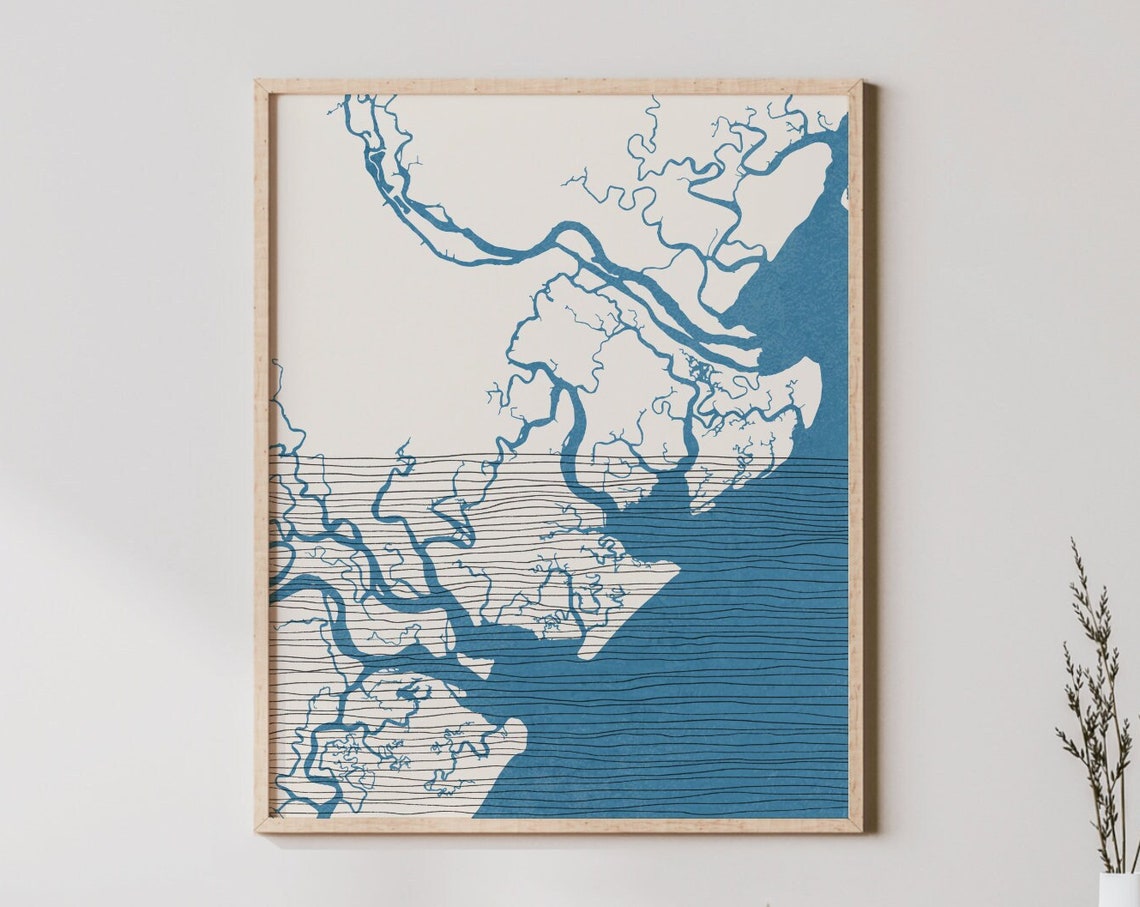 Savannah Waterways Estuary Map Boho Blue Line Art Print Coastal Decor