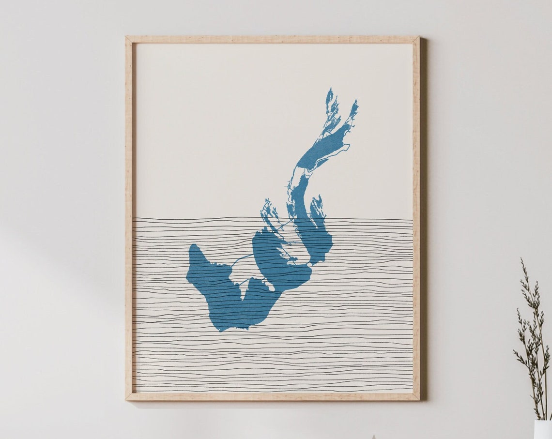 Minimalist Blue Lake Silhouette Line Map Boho Lakehouse Wall Art