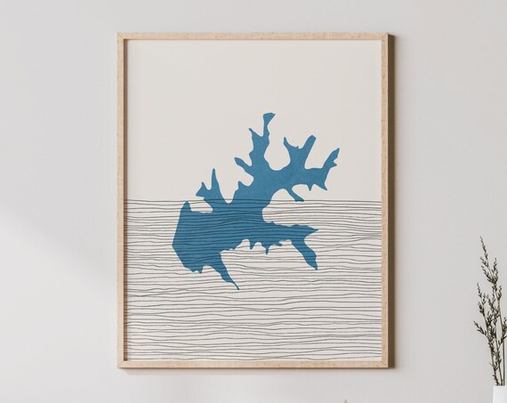 Minimalist Blue Lake Silhouette Line Map Boho Lakehouse Wall Art