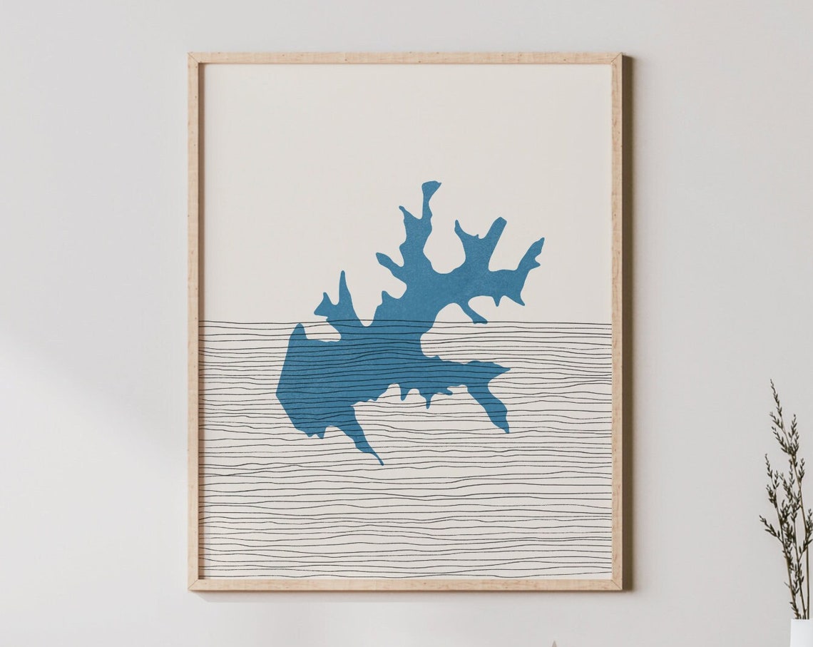 Minimalist Blue Lake Silhouette Line Map Boho Lakehouse Wall Art