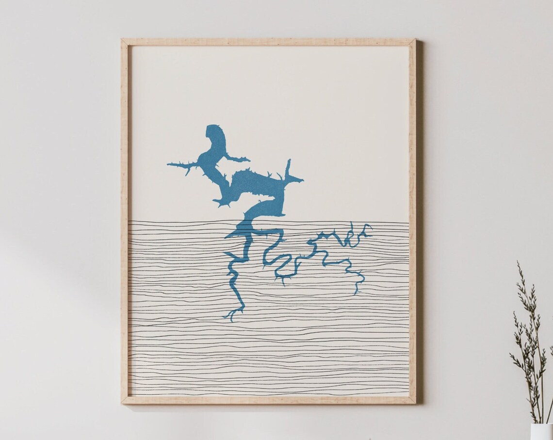 Cave Run Lake Minimalist Map Art Blue Line Lakehouse Decor Poster