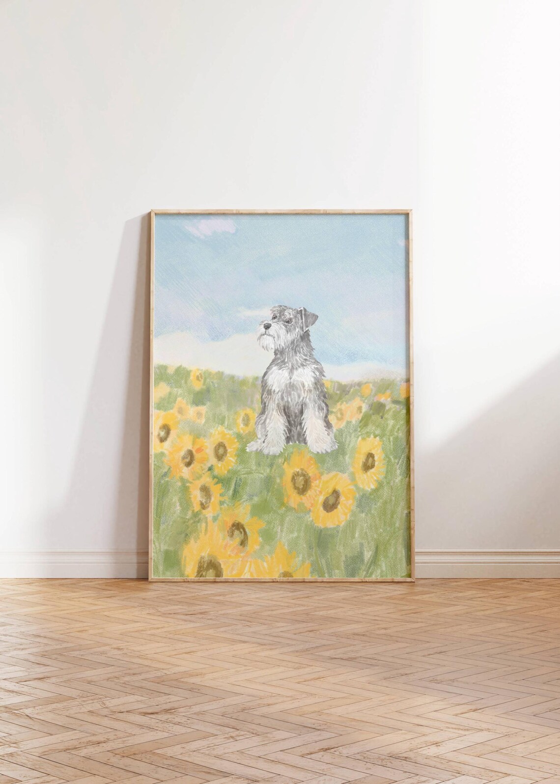 Miniature Schnauzer Dog Sunflower Field Pastel Cute Pet Art Poster