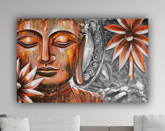 Copper Buddha Face Lotus Flowers Serene Meditation Wall Art Poster
