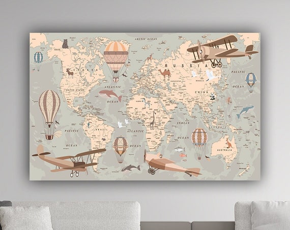 Kids Room World Map Painting, Map Print