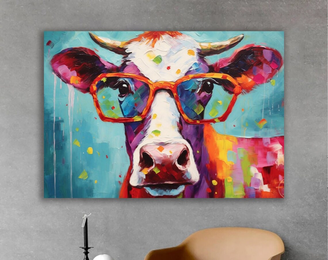 Funny Cow With Glasses Colourful Cow Art Print
