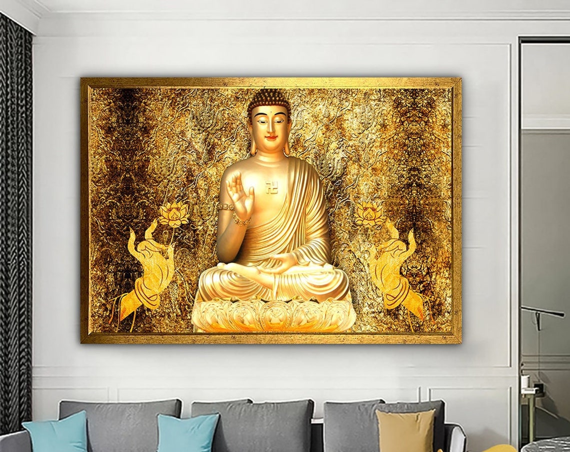 Gold Color Buddha Painting Asian Home Decor Buddha Statue Print Buddha Framed Art