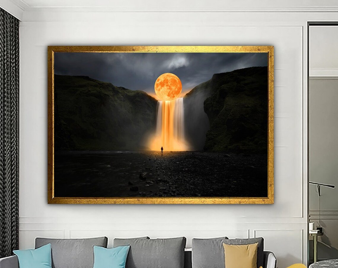 Moon Painting Waterfall Moon Abstract Poster