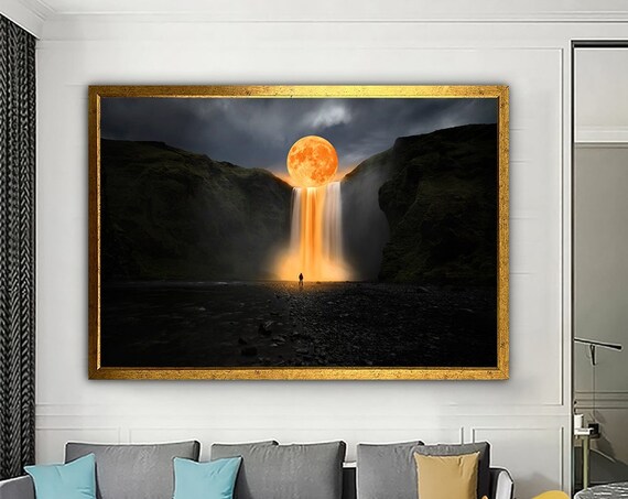 Moon Painting Waterfall Moon Abstract Poster
