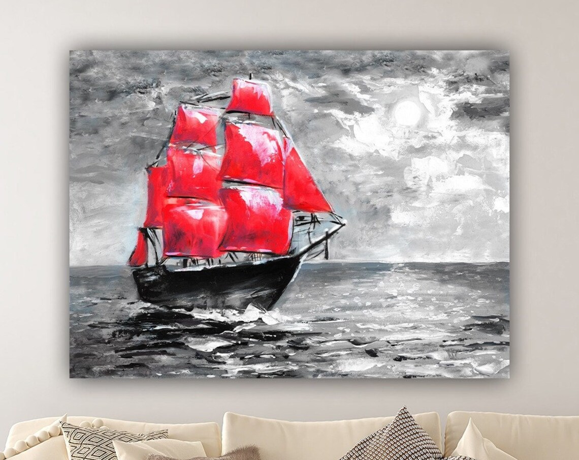 Red Sailed Ship Black White Sea Selective Color Nautical Art Poster