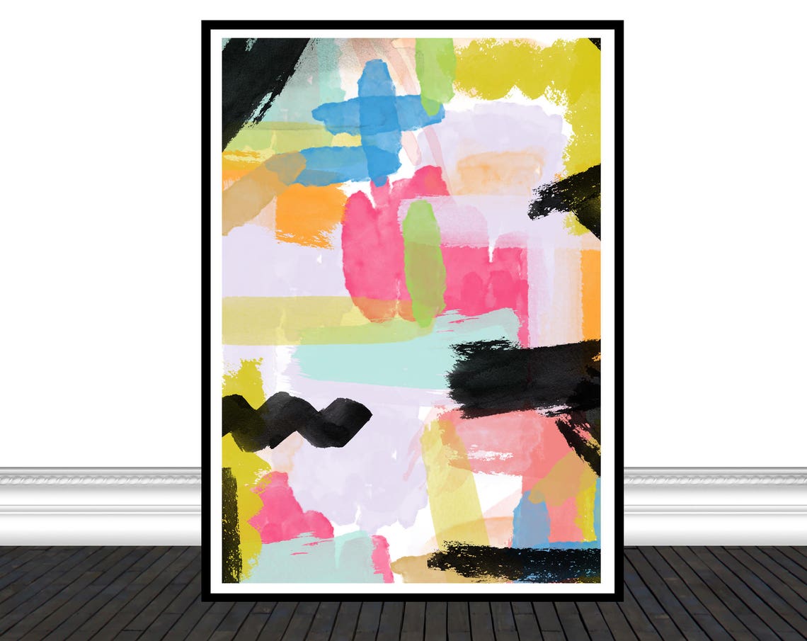 Colorful Abstract Brushstroke Blue Pink Yellow Black Modern Art Print