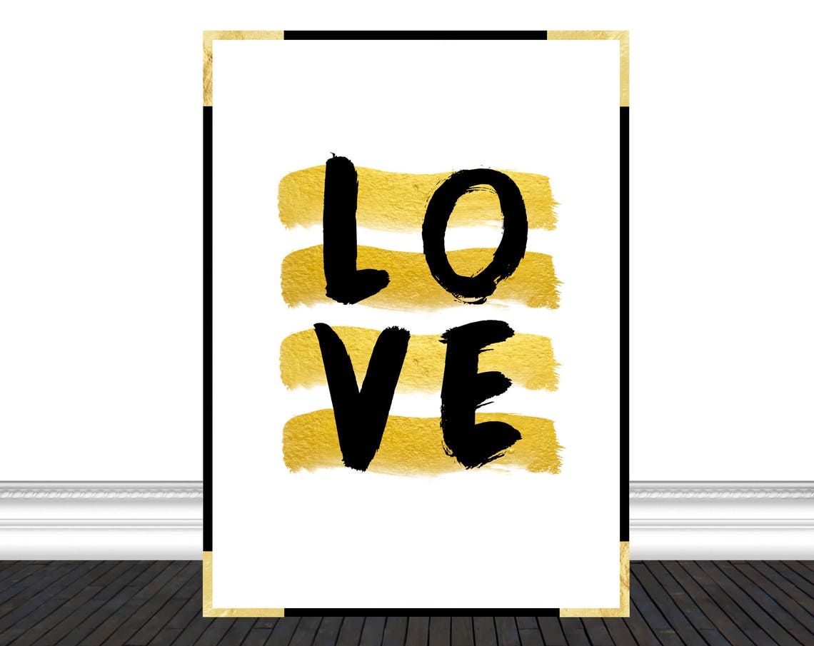 LOVE Black Brush Lettering Gold Brushstroke Modern Glam Quote Poster