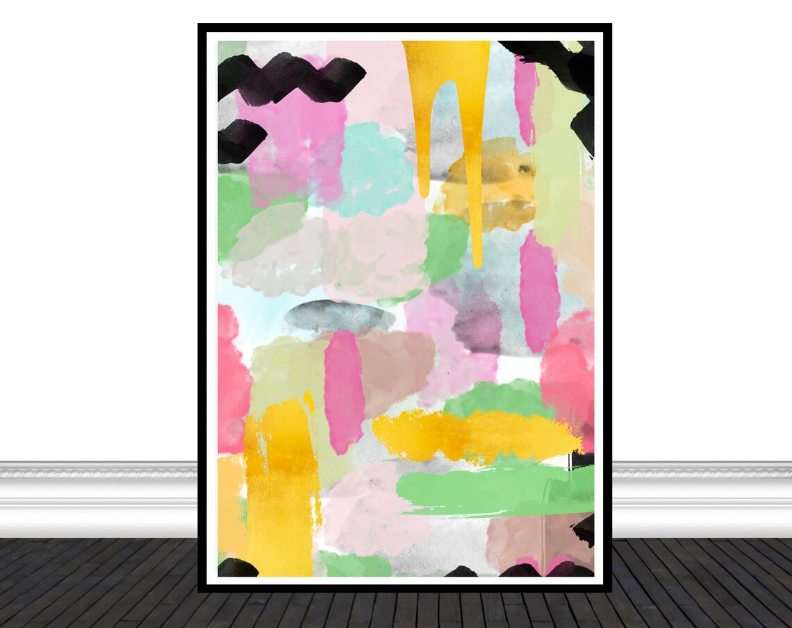 Colorful Abstract Brushstroke Pastel Yellow Pink Green Black Art Print