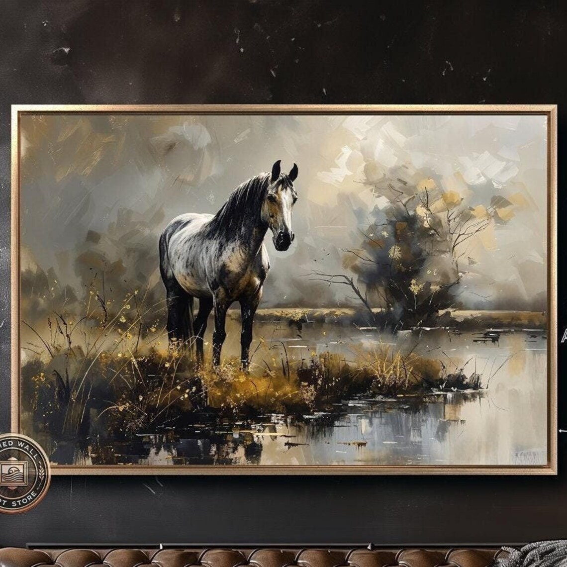 Gray Stallion by a Misty Pond, Rustic Landscape Art Print