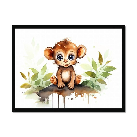 Adorable Cute Baby Monkey Watercolor Jungle Safari Nursery Wall Art