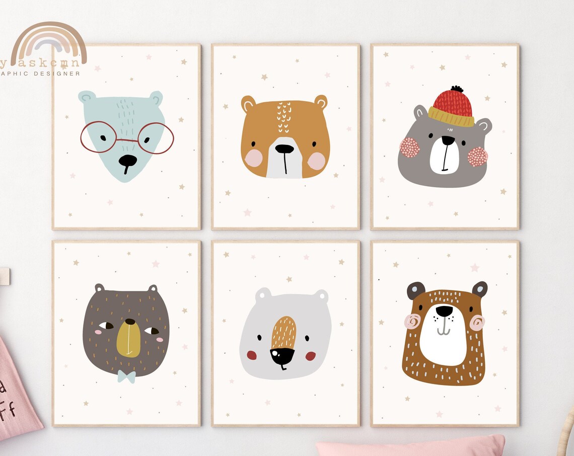 Cute Smiling Bear Cub In Red Knit Hat With Stars Nursery Poster - Image 7