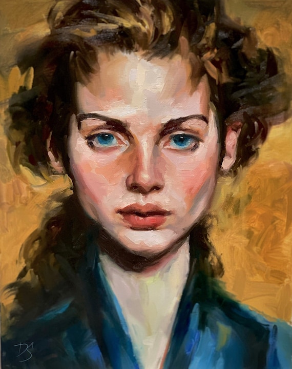 Blue Eyed Woman Portrait Expressive Oil Painting Beauty Poster