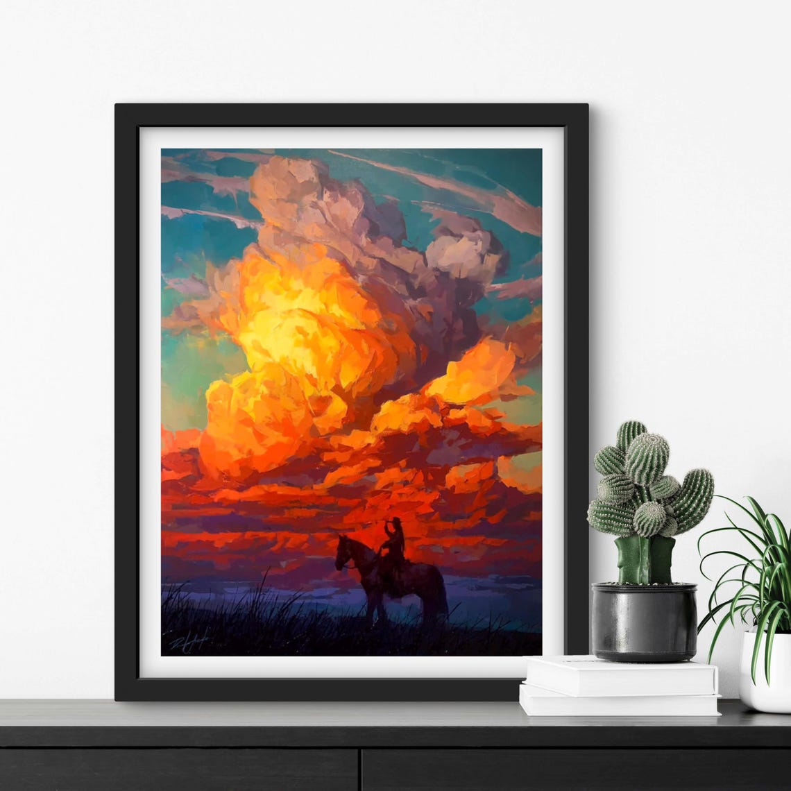 Art Print Vivid Skies Paper Cowboy Poster Cowgirl Painting Western Horse Wall Art Clouds Home Decor Sunset Landscape