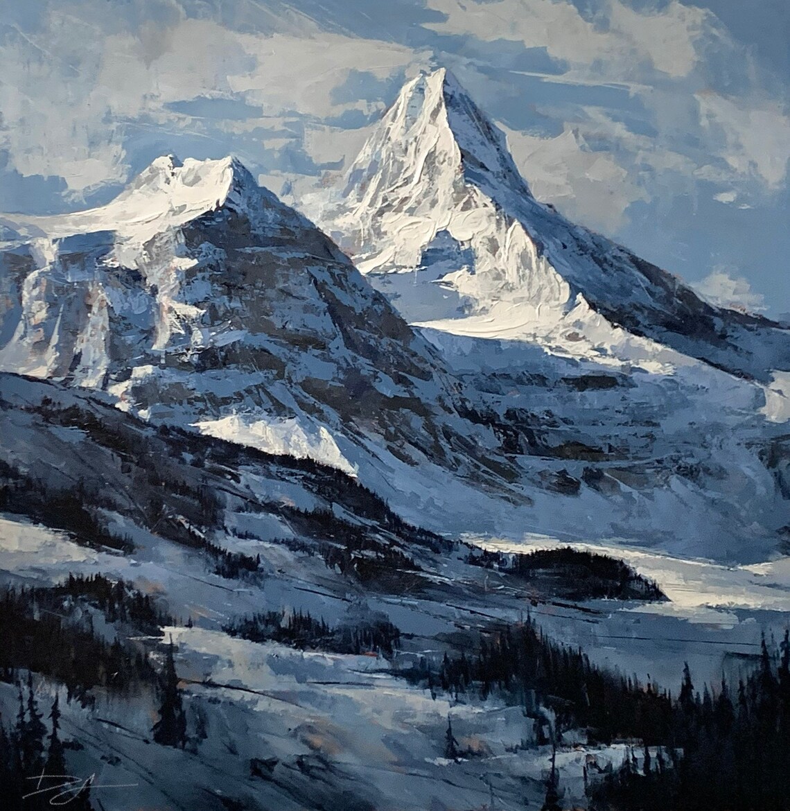 Snow Covered Mountain Peaks Winter Alpine Landscape Painting Poster