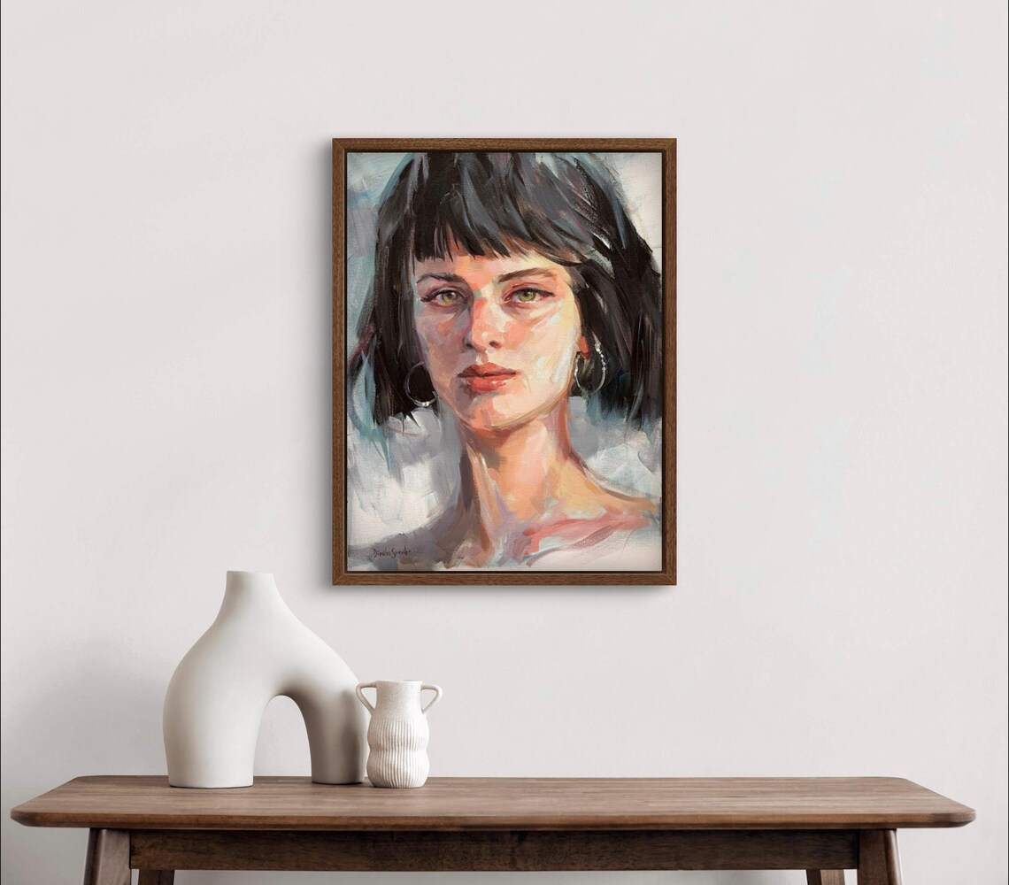 Elegant Woman Portrait Dark Bob Hoop Earrings Oil Painting Poster - Image 3