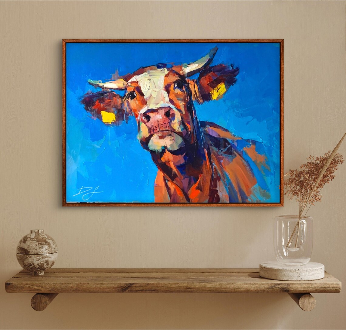 Curious Cow Portrait on Bright Blue Colorful Farm Animal Poster