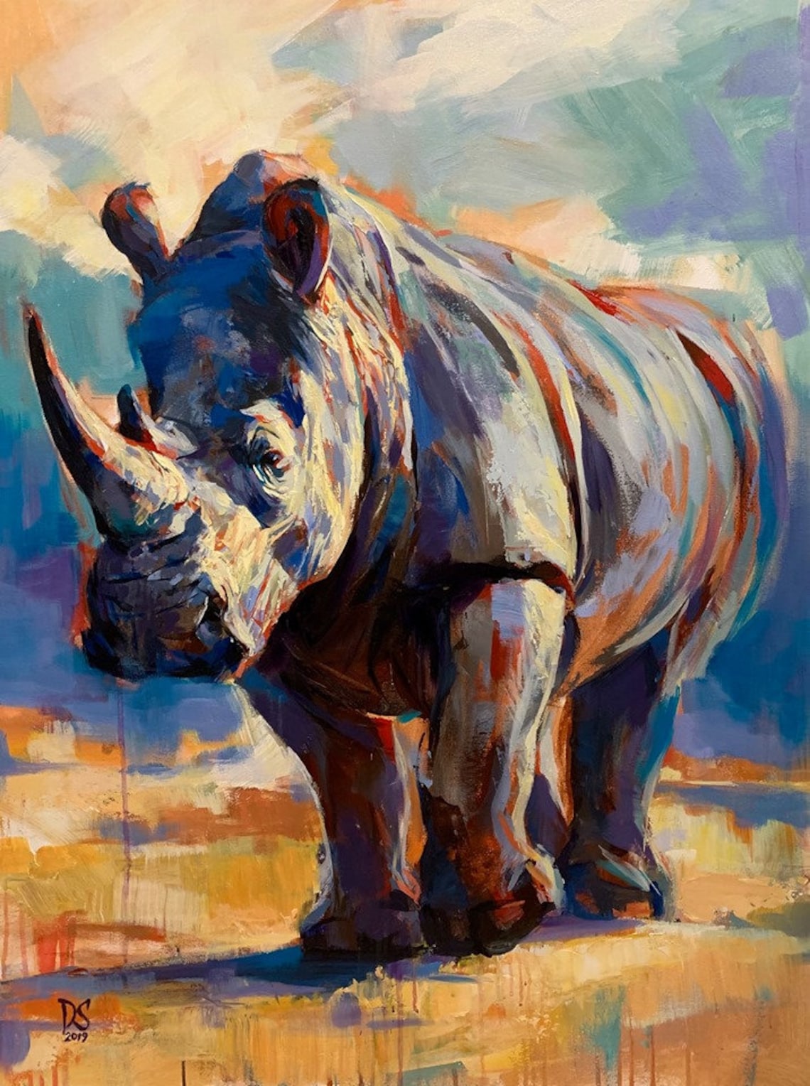 Rhinoceros Walking Colorful Safari Wildlife Painting Signed Art Poster