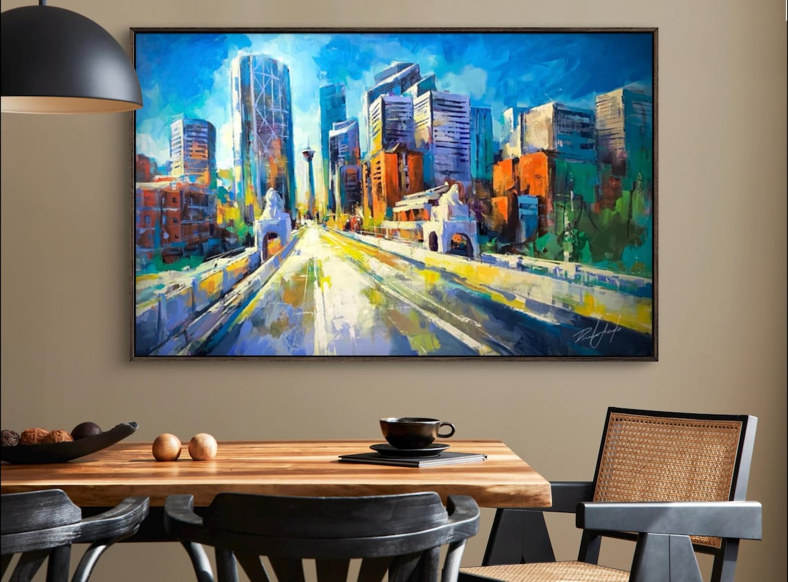 Sunlit City Skyline Boulevard Colorful Urban Oil Painting Poster