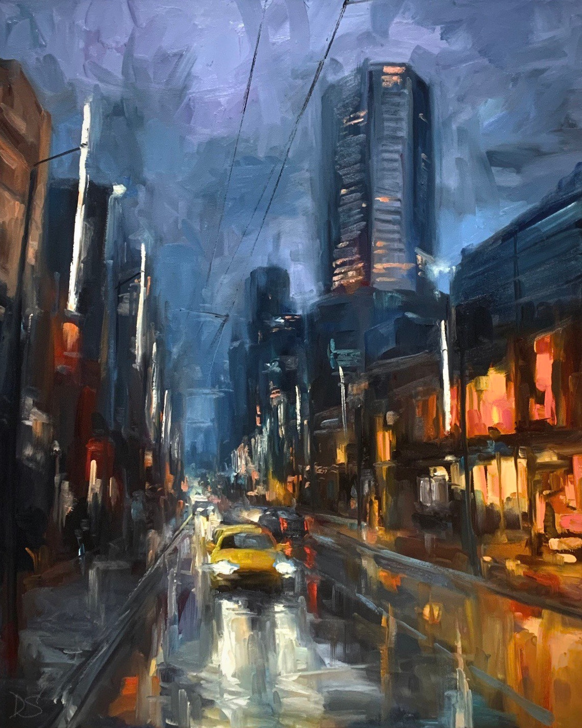 Rainy Downtown Street Night Yellow Taxi City Lights Painting Poster