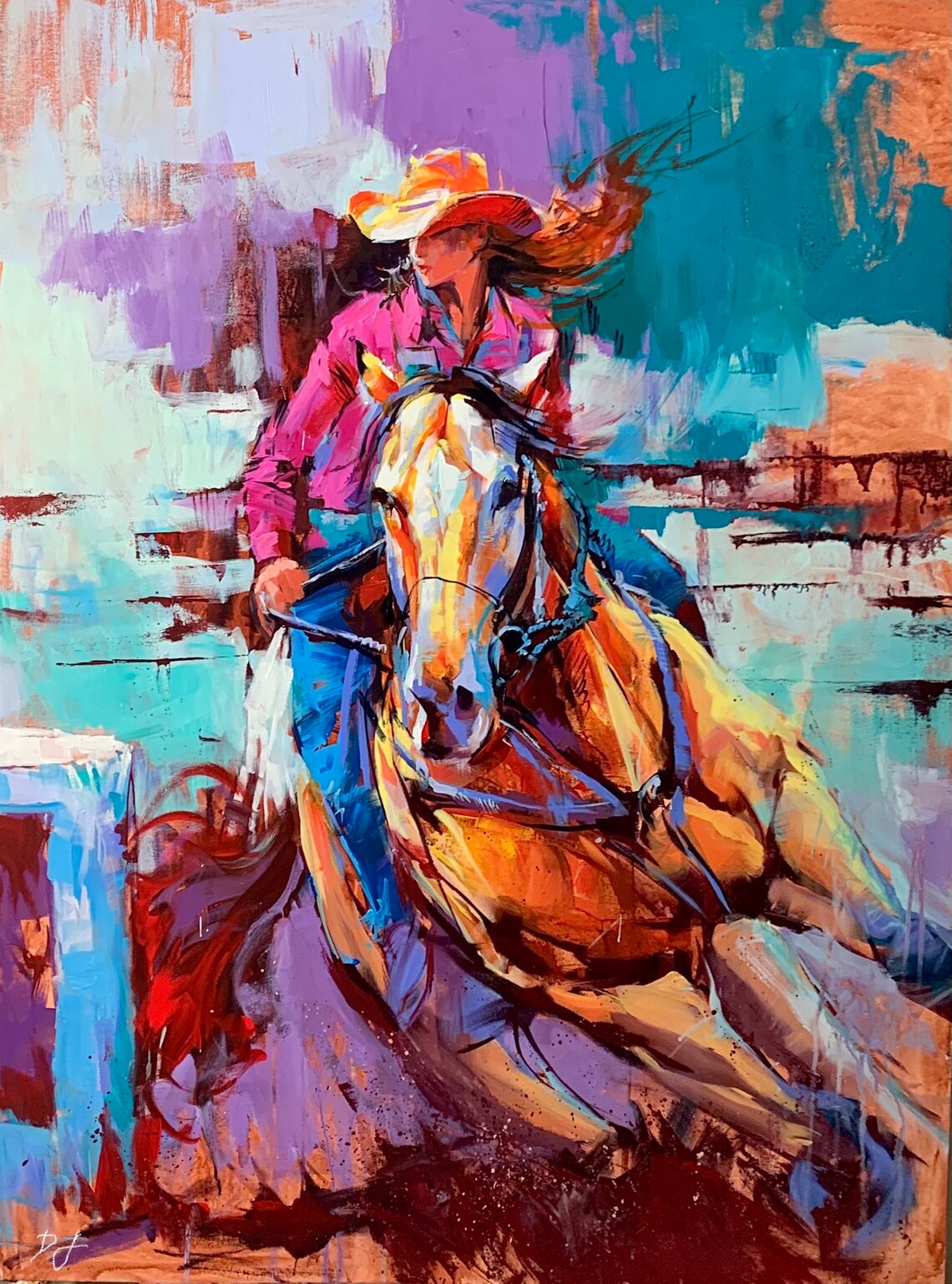 Cowgirl Barrel Racing Colorful Western Oil Painting Horse Poster