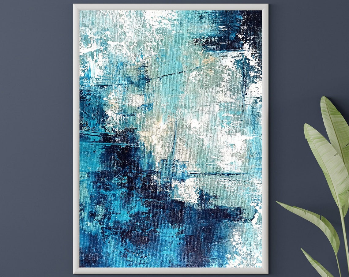 Deep Blue White Ocean Wave Textured Abstract Vertical Wall Poster