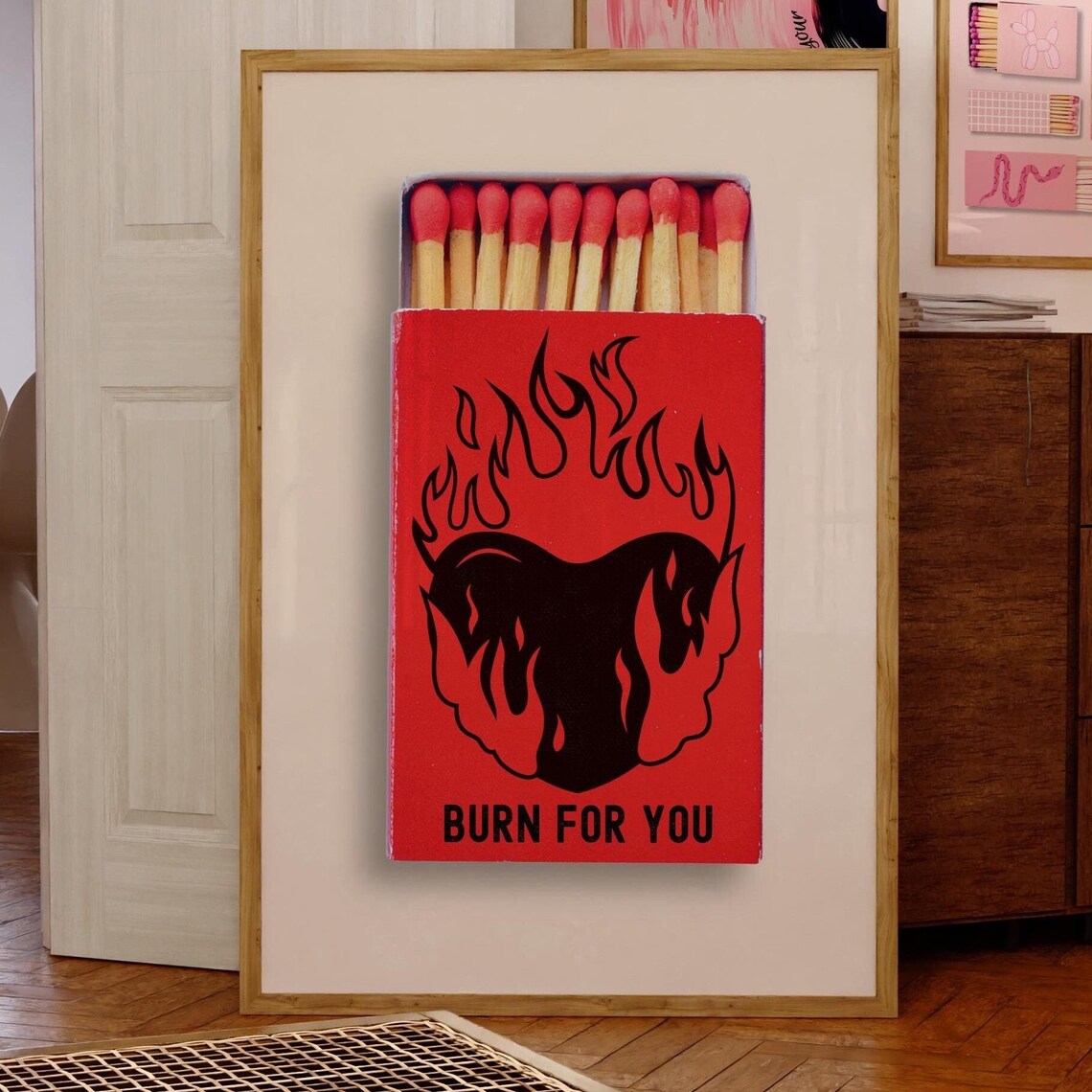 Burn For You Vintage Matchbox Flaming Heart Trendy Red Poster