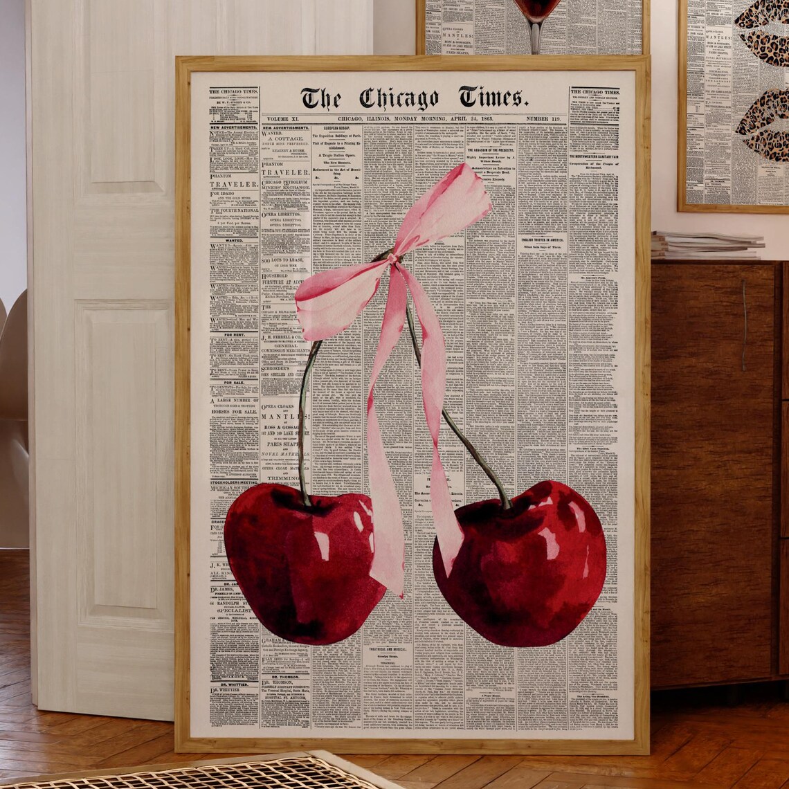 Cherry Poster, Trendy Retro Newspaper Art