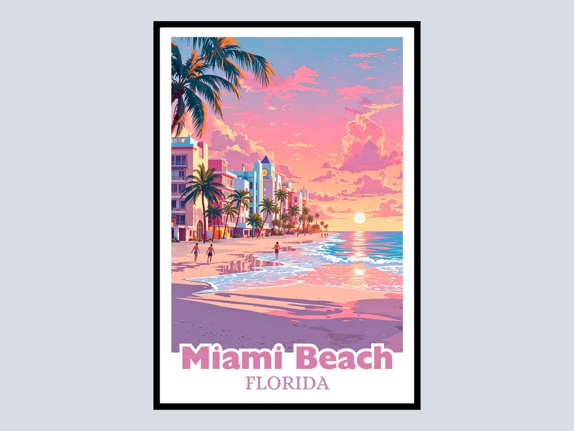 Miami Beach Florida Pink Sunset Ocean Art Deco Travel Poster